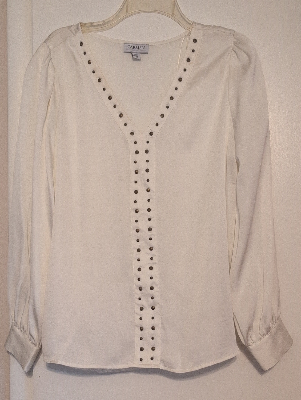Carmen Marc Valvo Ivory V-Neck Stud-Trim Long Sleeve Blouse
